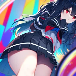 Clear focus, High resolution, long black fluffy hair, red eyes, chopped bangs, wearing a sailor uniform, wearing a sailor skirt, colorful, hollywood, female, human, mortal, thin legs, no outlines, extreme close up