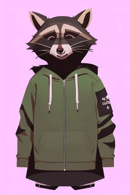 A cheeky raccoon, streetwear, hoody, sneakers,attitude,white background, 2d flat hand Drawing, wide view from below