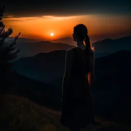 dark night, watching a woman from behind wearing a sleeveless dress who is watching a beautiful orange sunrise in the distance, mountains and forests around