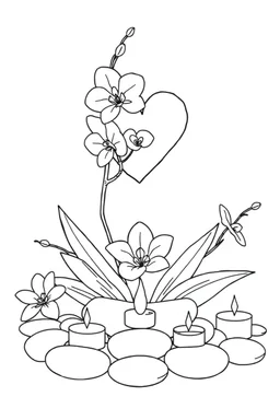 outline art for visually rich appealing tall ikebana heart orchids plumeria spa rounded stones around candles, coloring page for kids, white background, fit to page, only use outline, clean line art, no shadows, clear and well outlined