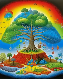 A rainbow kingdom with elements, tactics, and biology designed in native American petroglyphs painted by Rene Magritte