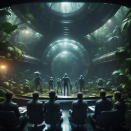 a video conference on video screen with multiple virgin aliens held by a scientist in dark lit reflective wet jungle metallic hall dome hotel tunnel, in the style of a fallout 4,bokeh like f/0.8, tilt-shift lens 8k, high detail, smooth render, down-light, unreal engine, prize winning