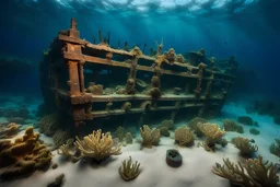 Photograph of an ancient shipwreck perched on the ocean floor. Marine plants occupy the wooden structure, and fish swim in and out of the hollow space. Sunken treasures and ancient cannons are scattered Everywhere, give a glimpse into the past.