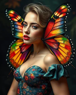 gorgeous photograph super model European beautiful woman,short dressing lady butterfly colorful art conceptual, amazing artwork, hyper detailed, ultra maximalist quality, 12k