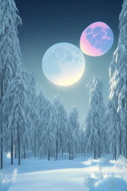 1980's aesthetic vaporwave palm trees with lighting with moon in the winter snow