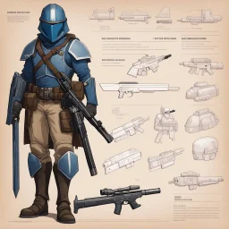 ConceptSheet blueprint [illustration by Angus McBride] Bounty Unit Loadout Concept: helmet, armour, and weapons with their blueprint: assault rifle, sniper long rifle, a dangerous knife, pistol, and all the package of a hunter
