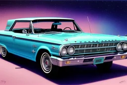 a true-to-life 1963 ford galaxie 500, two-tone paintwork, classic hotrod wheels, pen and color marker, centered, intricate, extreme detailed, photorealism, center view, 1960s suburb background, pivot on ford, painting by cheryl kelley