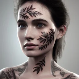 face tattoo of branches and leaves that go from tattoo to real, 8k resolution, high-quality, fine-detail, intricate, digital art, detailed matte, volumetric lighting, illustration, octane render,