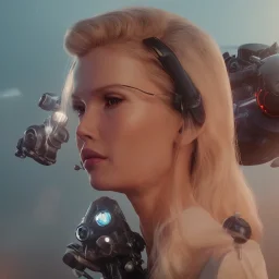 Ultra Realistic retro sci-fi movie scene, waist up view portrait, blonde woman pointing a gun, sweet young Claudia Schiffer face, perfect iris, glow eyes, makeup, weapon. Drones background, Retro sci-fi style, helmet, tight latex coat, fog, rain, soft color, highly detailed, unreal engine 5, ray tracing, RTX, lumen lighting, ultra detail, volumetric lighting, 3d, finely drawn, high definition, high resolution.