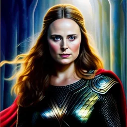 Ultra detailed fullbody Portrait in oil on canvas of Jane Foster’s Mighty Thor ,intense stare,extremely detailed digital painting, extremely detailed face,crystal clear Big eyes, mystical colors ,perfectly centered image, perfect composition, rim light, beautiful lighting,masterpiece,8k, stunning scene, raytracing, anatomically correct, in the style of robert e howard and Ken Kelley and Ohrai Noriyoshi and Simon Bisley and tomzj1