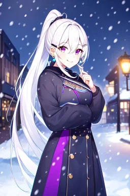 girl, masterpiece, best quality, cinematic lighting, detailed outfit, vibrant colors, perfect eyes, long hair, white hair, purple eyes, snowing, winter clothes, smiling, street, ponytail, hairclip, earring, hair between eyes,