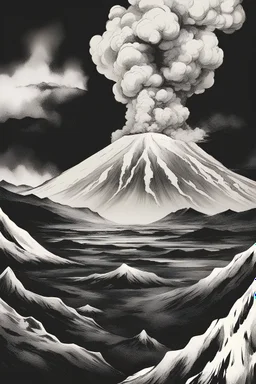 Volcanoes, black and white illustration, picture, more engaging, concept art, simple background, white background
