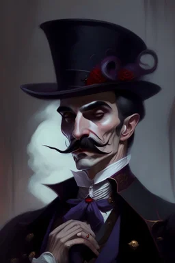 Strahd von Zarovich with a handlebar mustache wearing a top hat dreaming of hugging a Harengon