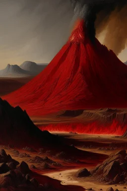 A dark red pyroclastic volcano in the badlands painted by Karl Wiener