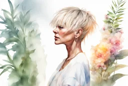 white background, cyberpunk, watercolor, Woman 48 years old, blonde, portrait painting, acrylic, summer sunset, plant hair, flower clothes, double exposure, fine rendering, high detail, high resolution, 8K