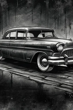 An old classic car 1900 a side view , Hyper Realistic Aerial Grungy Dark-Grey Brush strokes on a dark rustic background with charcoals