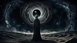 Melancholy, surreal portrait of a person whose heart has become a small black hole, silently absorbing stars, memories and fragments of dreams, standing beneath an infinite night sky, poetic sadness, existential loneliness, dark surrealism, cinematic shadows, muted colors, emotional fine art, haunting beauty