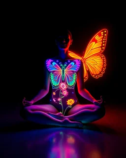 Woman sit down meditation pose full body all to the feet woman body painting flower,butterfly painting art glowing in the dark vibrant fluorescent neon bright light colors,black room background