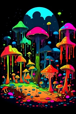 colourful trippy dripping mushroom forest