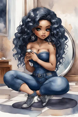 Create a futurism magna watercolor pain art of a black chibi curvy female sitting on the floor looking at herself in a hand mirror. She is wearing tight blue jeans and a black off the shoulder blouse. Prominent make up with lush lashes. Highly detailed long wavy hair. She is also wearing silver large hoop earringsart of a black chibi curvy female sitting on the floor looking at her cell phone. She is wearing tight blue jeans and a black off the shoulder blouse. Prominent make up with lush lashes