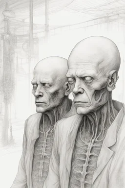 The full body of two fat old men , a thin line draw ، Siamese brothers with one body of two heads , front view camera, decayed and rotting with grotesque proportions and imagery. surreal horror, biomechanical design, by hr giger and beksinski , fine lines draw