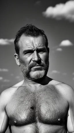 full body shot photography of a relaxing tired burly beefy neapolitan farmer 50 years old under the sun sitting down in a wheat field, dirty, ugly, manly chest, sweat, with the shirt open, boxer, bulge, view from top, 35mm lens , misery and poverty, countryside,