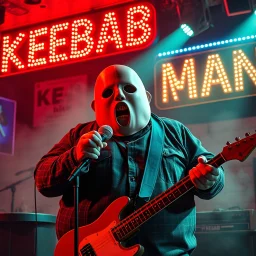 a very fat swedish man, with a mask with only a hole for the mouth, he is called "KEBAB MAN" performing at rock club, his name is "KEBAB MAN" kebab rolls On stage, kebab Neon lights and smog, and "KEBAB MAN" big sign on the wall, he singing with mic, text in swedish! no translate mr. stable ai, text in swedish! no translate mr. stable ai, text in swedish! no translate mr. stable ai