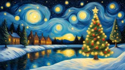 In the style of van gogh starry night,a wide shot angle of a Christmas tree, spreading Christmas joy in an glowing snow,riverside,reflections in the water,mistletoes