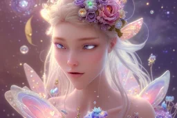 one very little beautiful fairy on a big crystal subtle flower in a galactic ambiance, transparent petals, delicate colors, in the foreground, full of details, smooth, bright sunshine，soft light atmosphere, light effect，vaporwave colorful, concept art, smooth, extremely sharp detail, finely tuned detail, ultra high definition, 8 k, unreal engine 5, ultra sharp focus