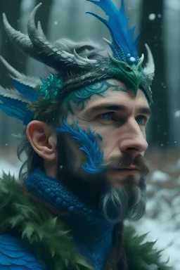 Portrait of Man - Dragon King, wearing a green-blue dragon crown, decorated with crystals in mystery snowy forest, beard, handsome face, realistic details, looking strait