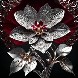 award winning photograph of a Stunning filigree METAL Orchid with reflective metal white-silver petals and platinum metal leaves, dramatic crushed dark red velvet backdrop, perfect showroom lighting, cinematic shot fitting of a jewelry magazine, dark space sky, intricate mech details, ground level shot, 64K resolution, Cinema 4D, Behance HD, polished metal, ultra maxamalism