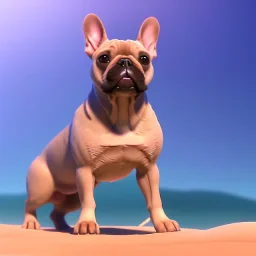 detailed illustration of a french bulldog muscles standing on the sand, french bulldog wallpaper, luminous body, sparkling body, full body, symmetrical body, realistic, luminous body, clear focus, carefully detailed, soft evening sky, muscular body, hulk body, a lot of muscles on the body, realistic body, beautiful dog, art picture, high resolution, powerful dog, chain around the neck, lots of muscles on the dog body, french bulldog in muscles, bodybuilder, muscles, 64k