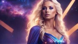 Full body portrait of a peaceful ((smiling)) gorgeous blonde Goddess of the galaxies with a blue indigo purple skin, high skul, luminous eyes in a galactic sunset