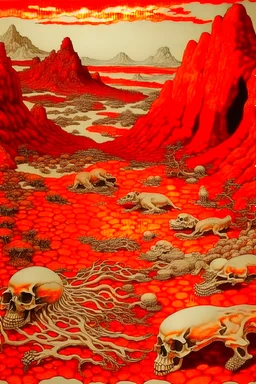 A red wasteland covered in bones painted by Katsushika Hokusai