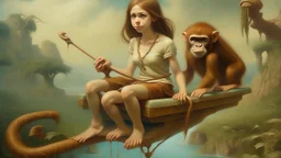 An oil painting featuring a monkey and a woman on a seesaw in a surreal landscape. The monkey, positioned on the left side of the seesaw, is depicted with human-like features, including a ruff around its neck. It has light brown skin and a long, curled tail. The woman, on the right side, is fair-skinned with auburn hair pulled back in a bun. She wears a long, flowing orange dress. The seesaw itself is made of metal and appears old and slightly rusted, with intricate designs on the central suppor