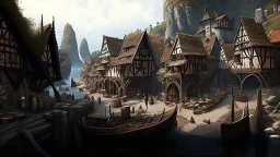 gothic medieval village at foot of cliffs, wooden harbour, shops, inn, taverns, houses, people, trees