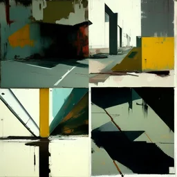 Minimal abstract oil paintings desolate 1960s carpark concrete fragments rough paint graffiti . style of Justin Mortimer and Francis Bacon. road markings.