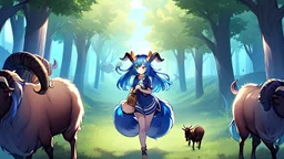 Girl, blue hair, goat horns, goat tail, clearing in forest