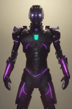 Full body portrait, futuristic black robot ninja, glowing purple, fighting pose, cinematic lighting, dark dramatic