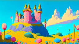 Castle on a hill, Pink walls, orange towers, yellow flowers on the ground, dark blue roof and aqua blue sky, very detailed