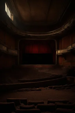 "A very old cracked dirty abandoned theater with damaged stage and ripped curtains , ,insanely detailed octane render trending on artstation, 8k artistic photography, photorealistic concept art, soft natural volumetric cinematic perfect light, chiaroscuro, award-winning photograph, masterpiece, oil on canvas, Raphael, Caravaggio, Greg Rutkowski, people, beksinski, Giger