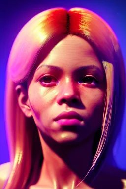 Shakira, artist, 30 years old, Realistic image, waist up portrait, etro style dress. Blonde, feathers, loose long hair, eyes make up, perfect, glow, circle iris. Neon colors, leds, geometric shapes. Dark background, photo studio, neon lights. Cyberpunk, concept art, smooth, unreal engine 5, god lights, ray tracing, RTX, lumen lighting, ultra detail, volumetric lighting, 3d, finely drawn, high definition, 4k.