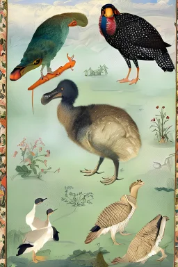 John James Audubon-like illustration of a fully uncropped Dodo bird and a Platypus in a landscape of warm yellows, warm reds, and warm blues