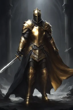 photorealistic holy knight paladin in very dark gold armor and a cape wielding a greatsword and no helmet in abyss