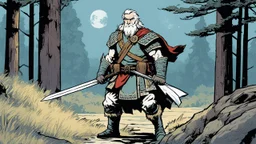 [illustration by Andrew MacLean in the comics Head Lopper style with Kupka's pixel colour palette] a seasoned ranger approaching 50th year. his hands are gnarled from years of gripping bow and sword, his weathered face etched with the wisdom and scars of countless skirmishes in the wilds. Despite his advanced age, your movements remain swift and purposeful, years of survival ensuring that his body remains battle-ready.