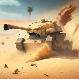 a tank is attacked by a monster in the desert