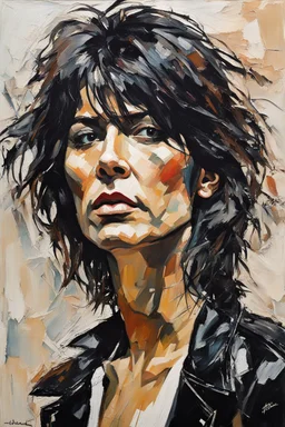 palette knife portrait of Chrissie Hynde in black leather, in the Expressionist style of Egon Schiele, Oskar Kokoschka, and Franz Marc, highly detailed hair and facial features, in muted natural colors with fine detail outlining and shading