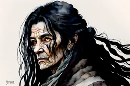 ink wash and watercolor illustration of an ancient grizzled, gnarled female vagabond wanderer, long, black hair streaked with grey, highly detailed facial features, sharp cheekbones. Her eyes are black. She wears weathered roughspun Celtic clothes, emaciated and tall, with pale skin, full body , thigh high leather boots within a forest of massive ancient oak trees in the comic book style of Bill Sienkiewicz and Jean Giraud Moebius , dramatic natural light and shadow, rich vibrant colors