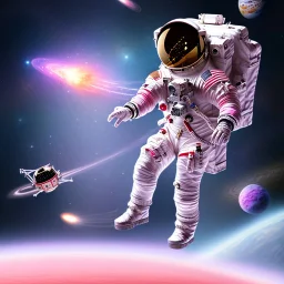 astronaut in pink suit flying through space on a bicycle