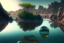 exoplanet, water reflection, rocks, vegetation